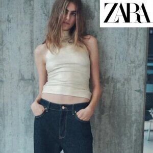 ZARA Foil Ribbed Halter Top - Gold - Size: M NEW